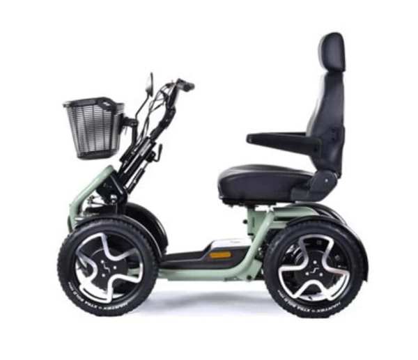 Lightweight electric mobility scooter with comfortable seat and storage basket.