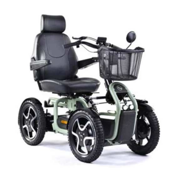 Electric mobility scooter with comfortable seat and basket for easy city travel.