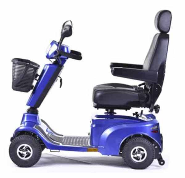 Electric mobility scooter with comfortable seat and sturdy wheels for easy outdoor transport.