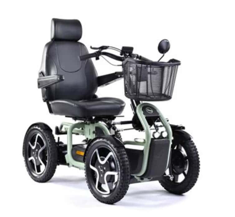 Electric mobility scooter with comfortable seat and basket for easy city travel.
