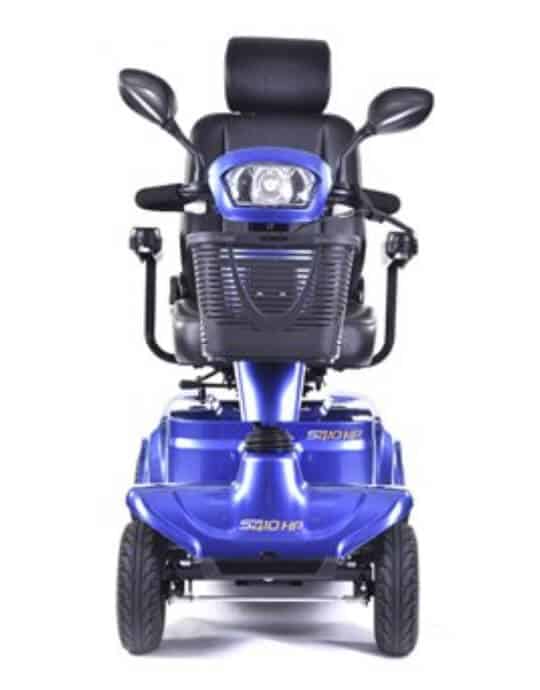 Electric mobility scooter with comfortable seat and adjustable mirrors for seniors and disabled individuals.